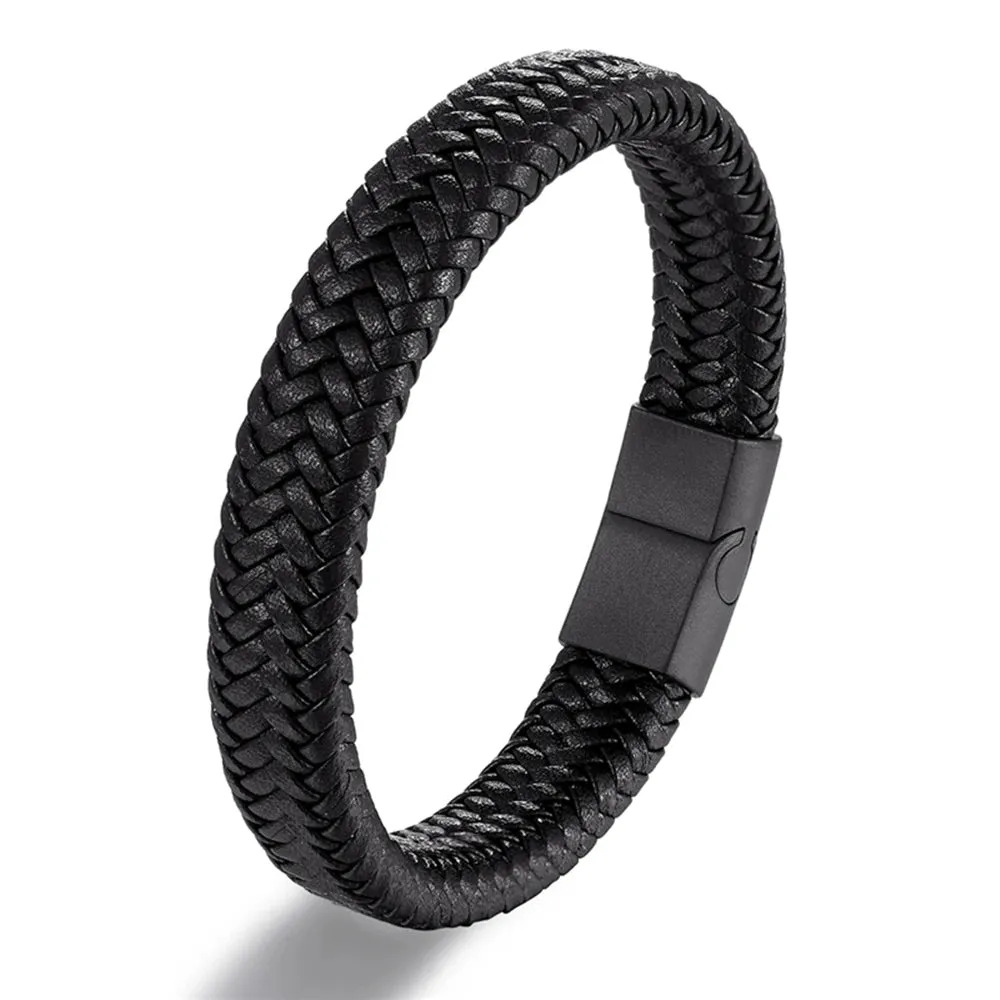 Classic Men Jewelry Genuine Leather Bracelets Titanium Black Rope Steel Magnetic Clasp Bracelets Wristband for Male Jewelry Gift