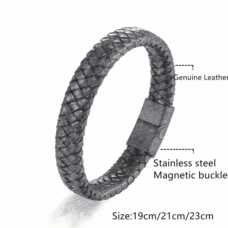 Classic Men Jewelry Genuine Leather Bracelets Titanium Black Rope Steel Magnetic Clasp Bracelets Wristband for Male Jewelry Gift