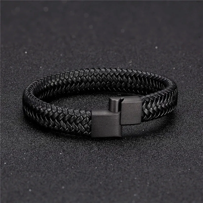 Classic Men Jewelry Genuine Leather Bracelets Titanium Black Rope Steel Magnetic Clasp Bracelets Wristband for Male Jewelry Gift