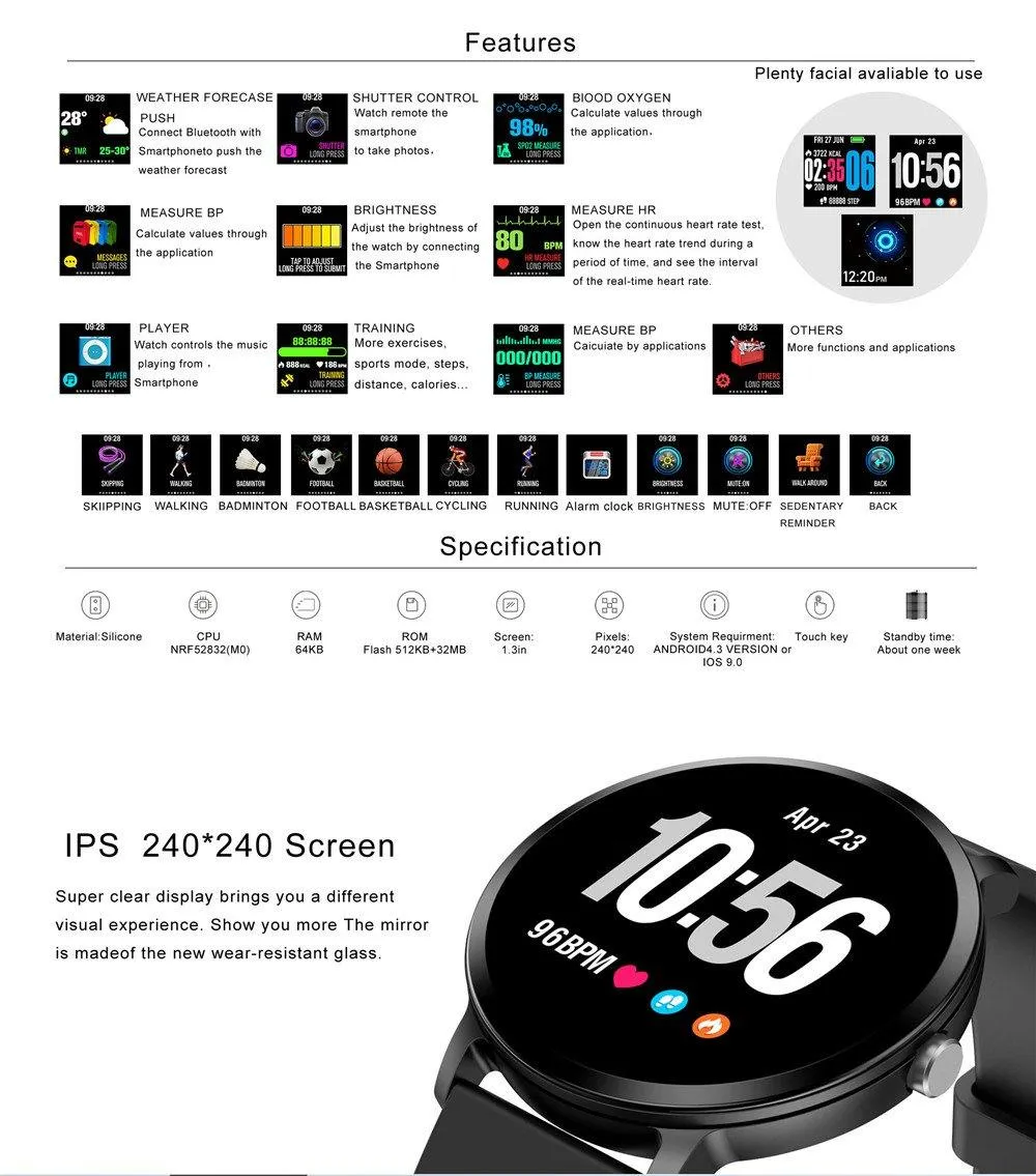 Fitness Tracker Smartwatch IP67 Waterproof