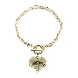 Gold Honor Student Pave Heart Charm Toggle Bracelet