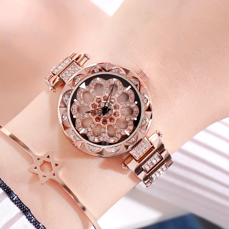 New high-end fashion stainless steel mesh strap watch rotatable dial waterproof women's bracelet watch