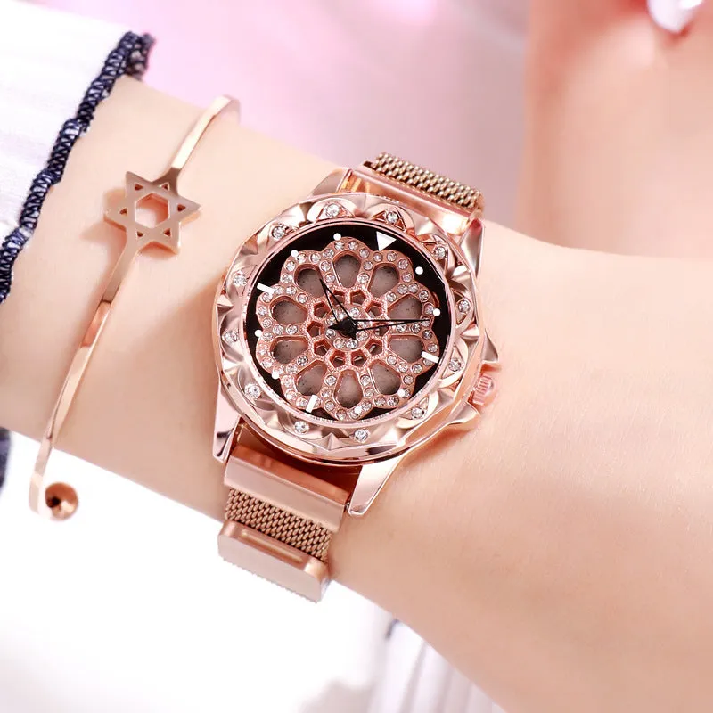 New high-end fashion stainless steel mesh strap watch rotatable dial waterproof women's bracelet watch