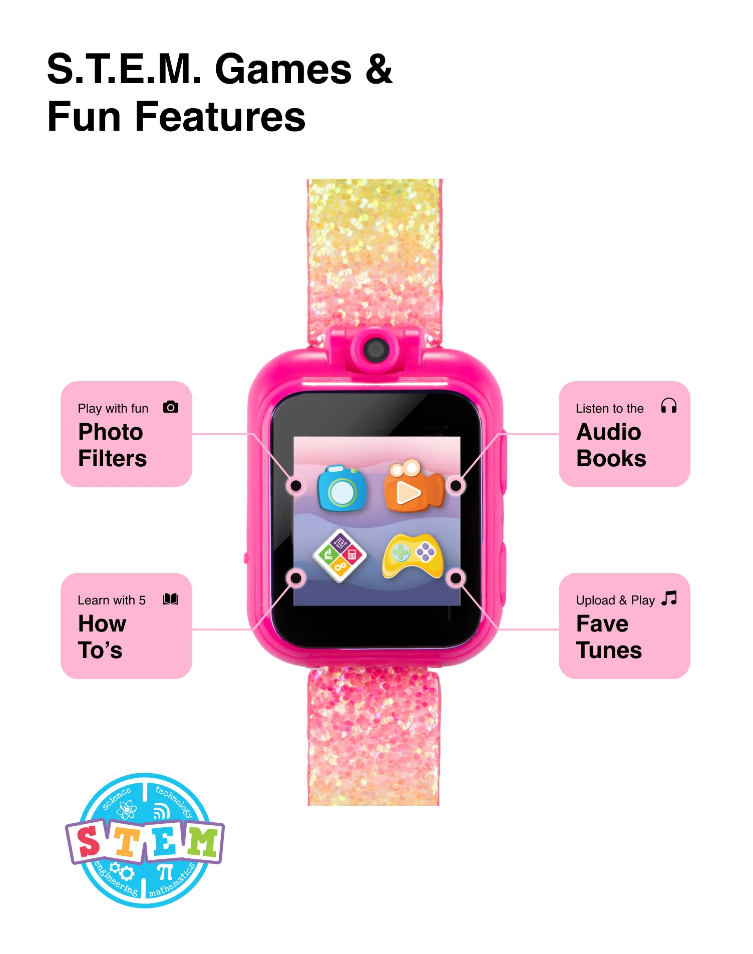 PlayZoom 2 Kids Smartwatch: Pastel Rainbow Glitter Print