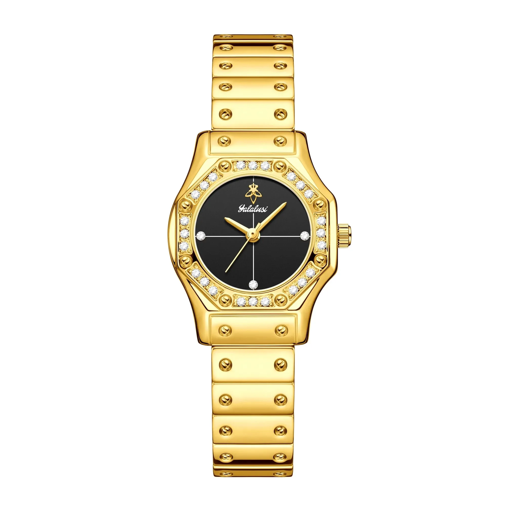 Yalalusi Classic Women's Luxury Watch – Gold with Crystal Diamonds, Real Gold Plating, & Gift Box – Perfect for Her